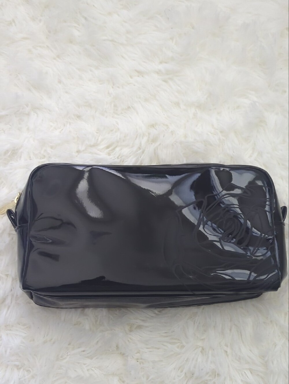 Lancome Black Patent Cosmetic Pouch with Floral Design & Gold Zip Pull NWOT